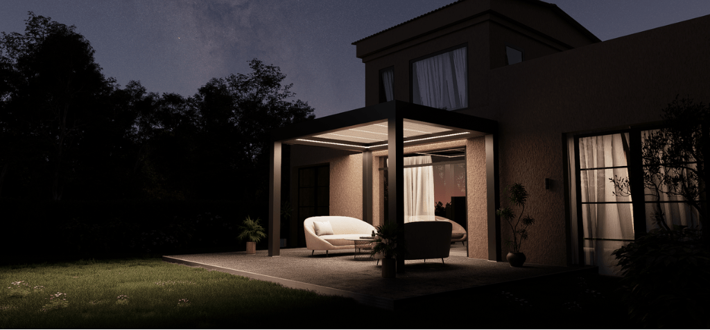 Pergola bioclimatique 3x3 et 3x4 de nuit avec éclairage LED