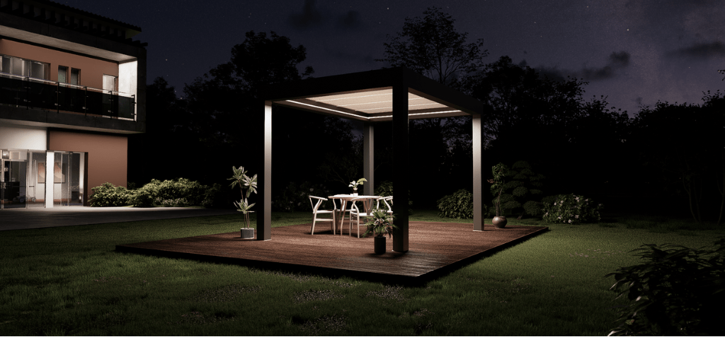 Pergola bioclimatique 3x3 et 3x4 : configuration de jour sur terrasse compacte